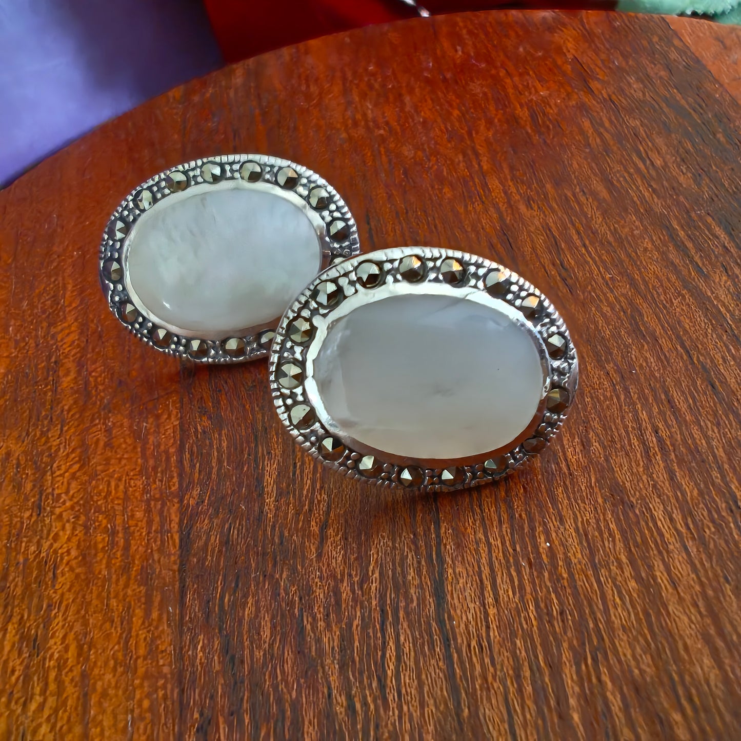 Classic Mother of Pearl Oval Marcasite Stud Earrings With Screw Post