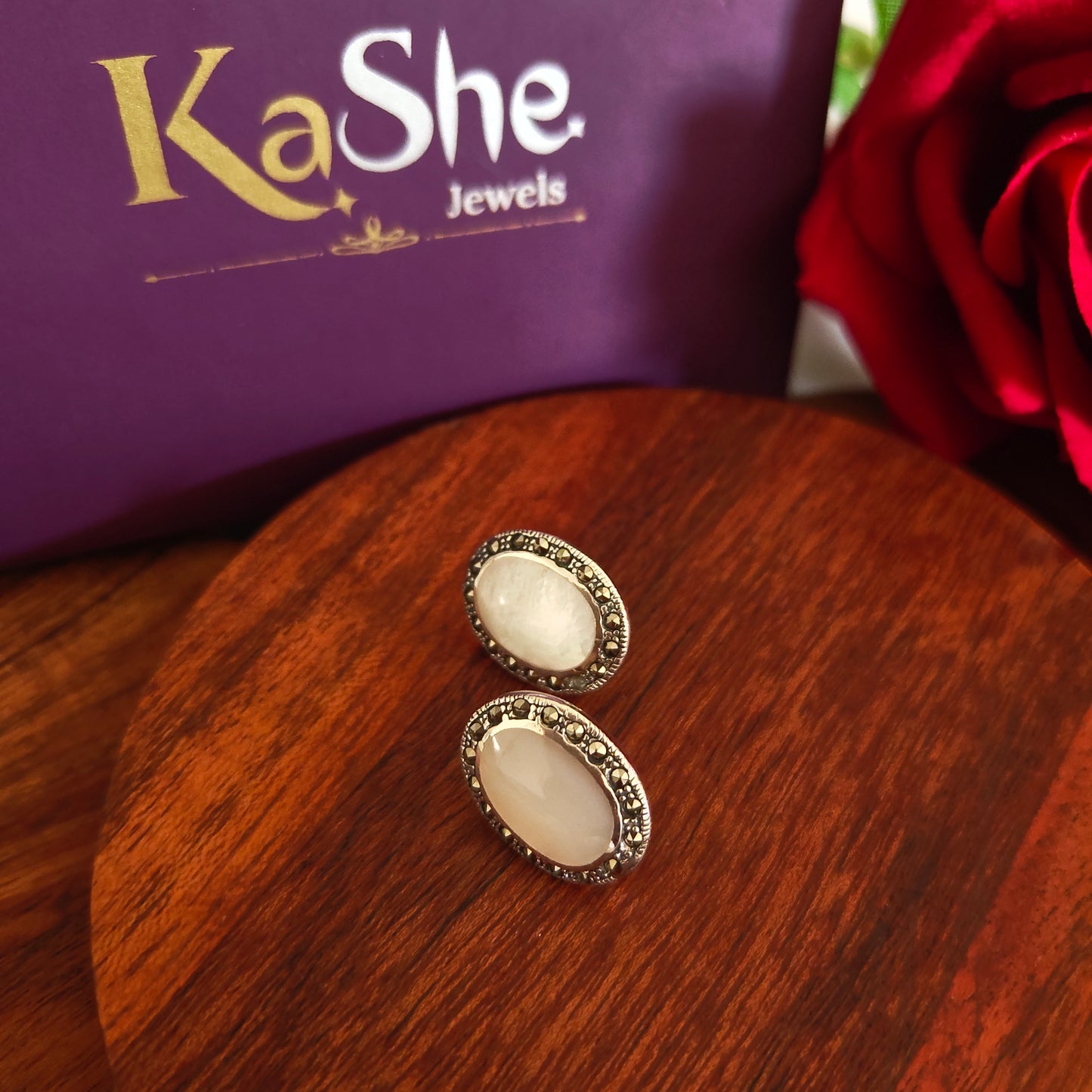 Classic Mother of Pearl Oval Marcasite Stud Earrings With Screw Post