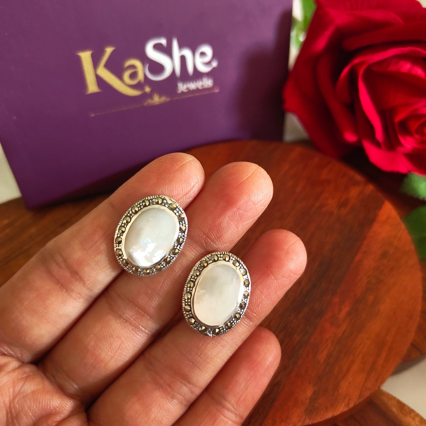 Classic Mother of Pearl Oval Marcasite Stud Earrings With Screw Post