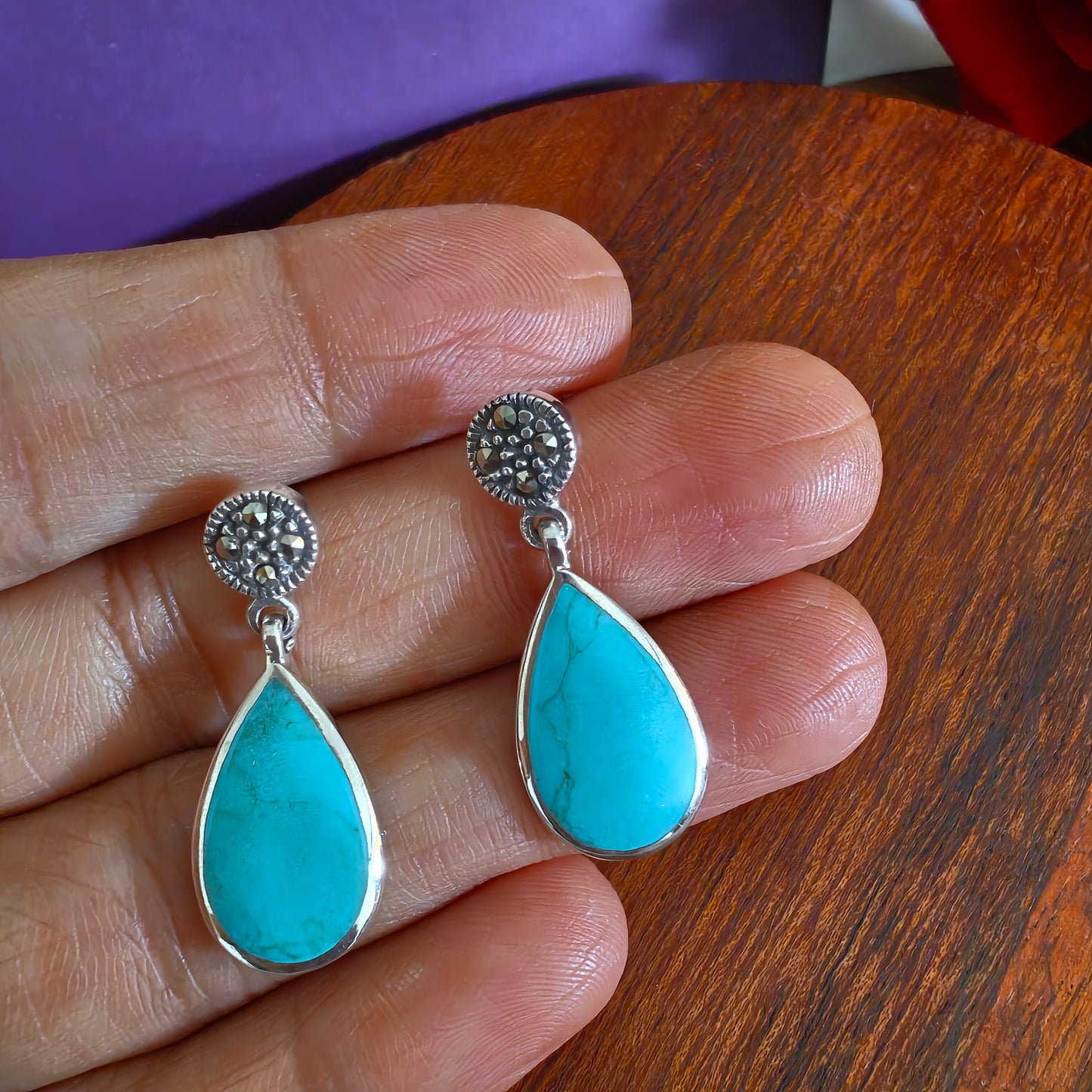 Classic Turquoise Marcasite Earrings With Screw Post