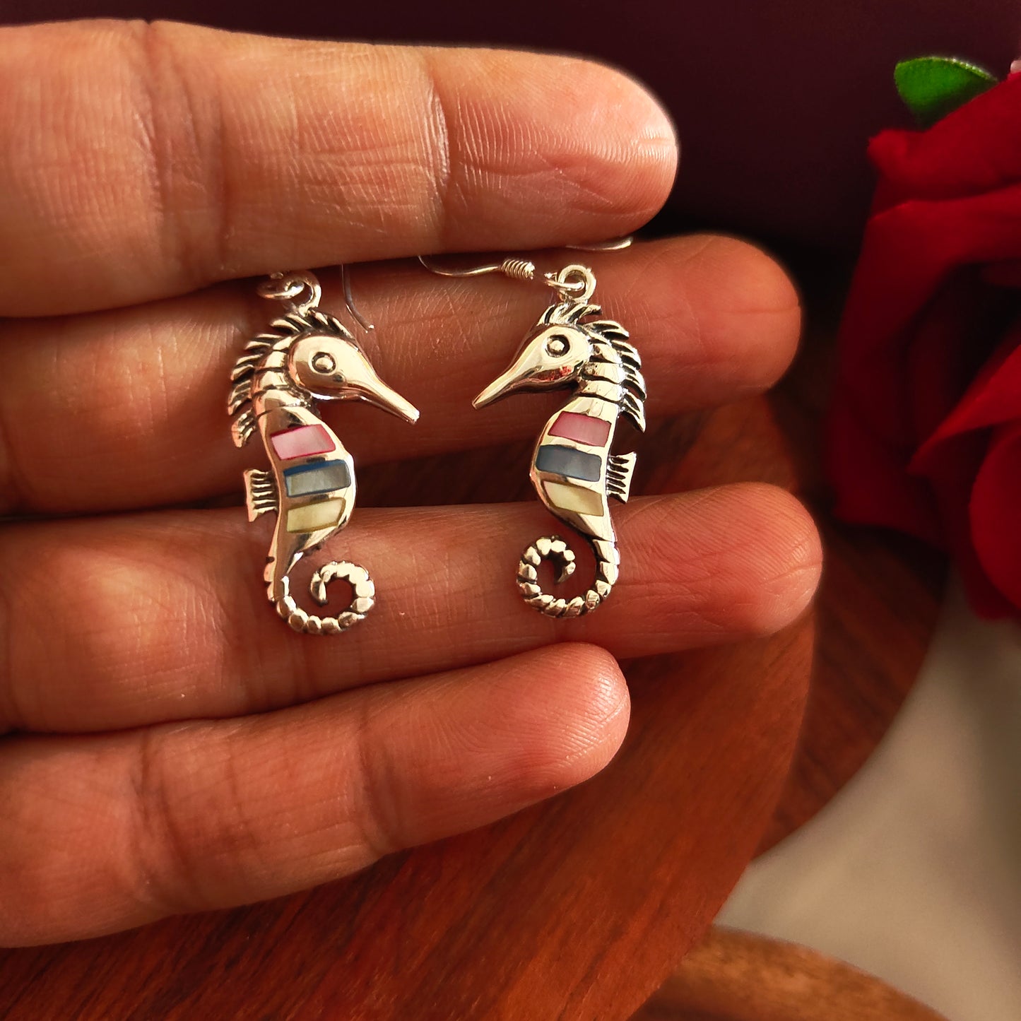 Sea Horse Mother Of Pearl Earrings With Hooks