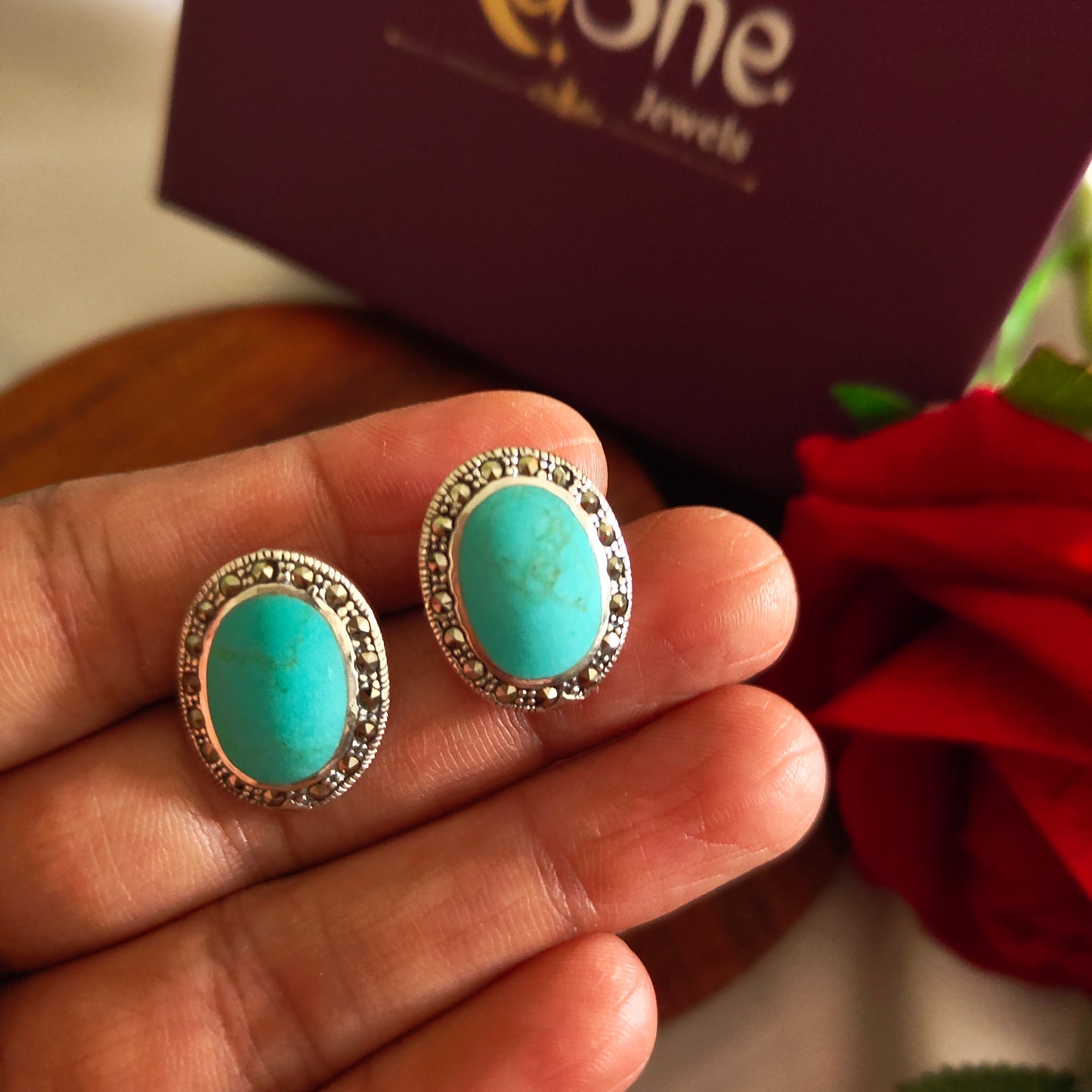 Classic Turquoise Oval Marcasite Stud Earrings With Screw Post