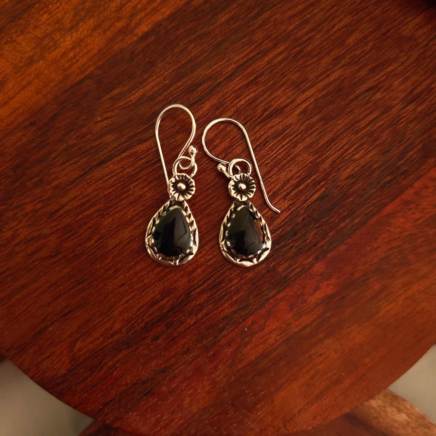 Dainty Flower And Black Enamel Pear Drop Earring