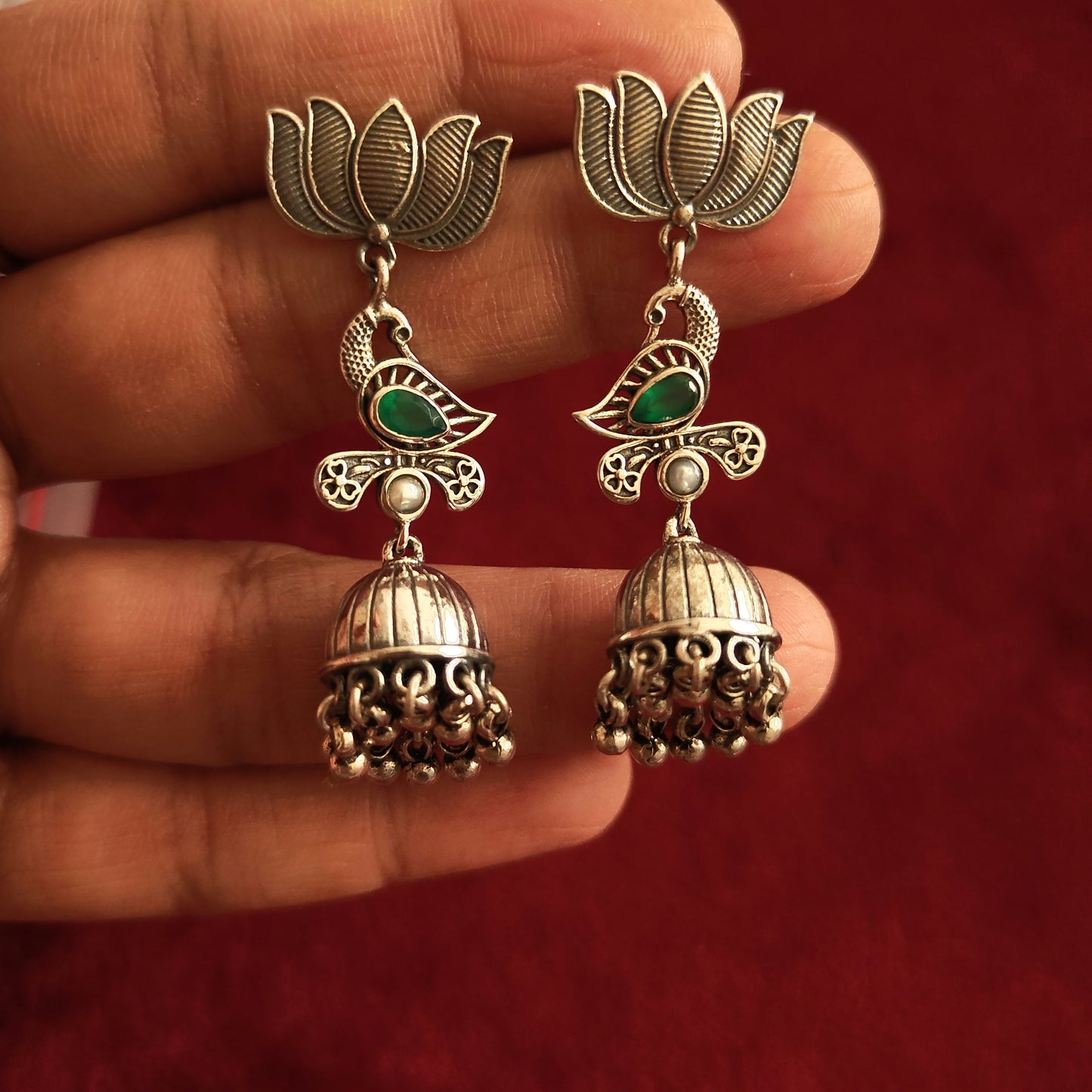 Red White Lotus Bird 925 Silver Jhumka  & Pearl Danglers