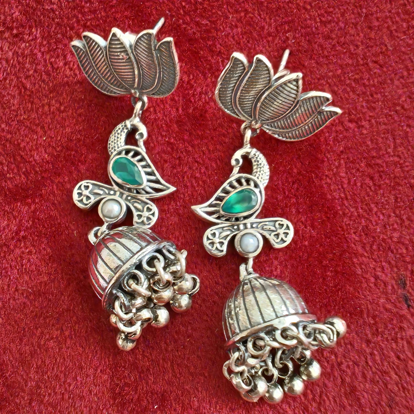 Red White Lotus Bird 925 Silver Jhumka  & Pearl Danglers