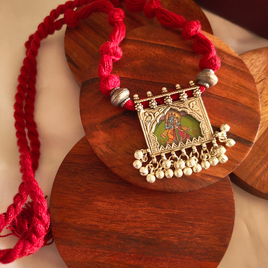 Radha Krishna Hand Painted Jharoka Pendant with Silver Ball Danglers and Maroon Thread Necklace
