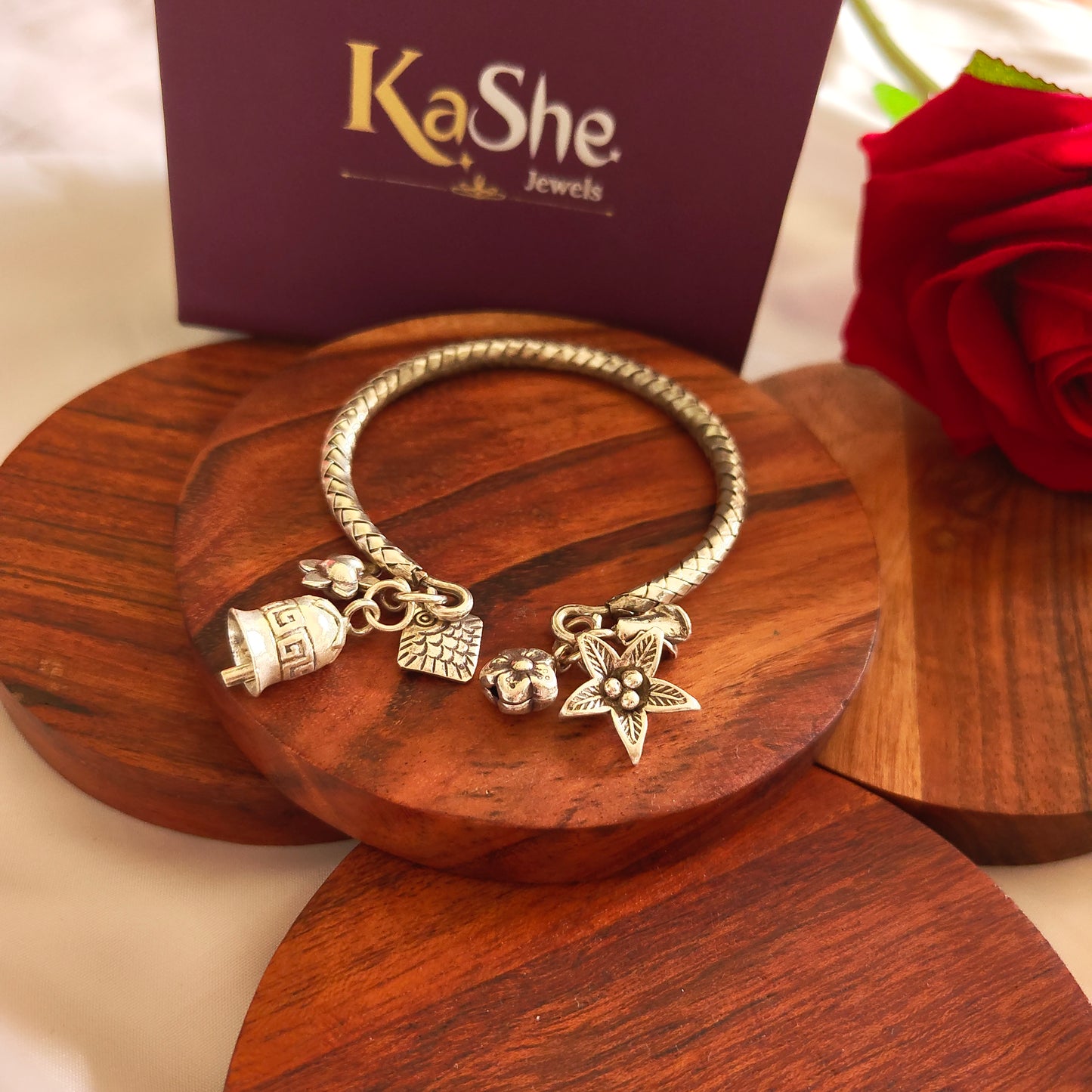 Exclusive Braided Sterling Silver Charms Kada With Heart