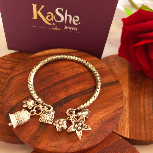 Exclusive Braided Sterling Silver Charms Kada With Heart