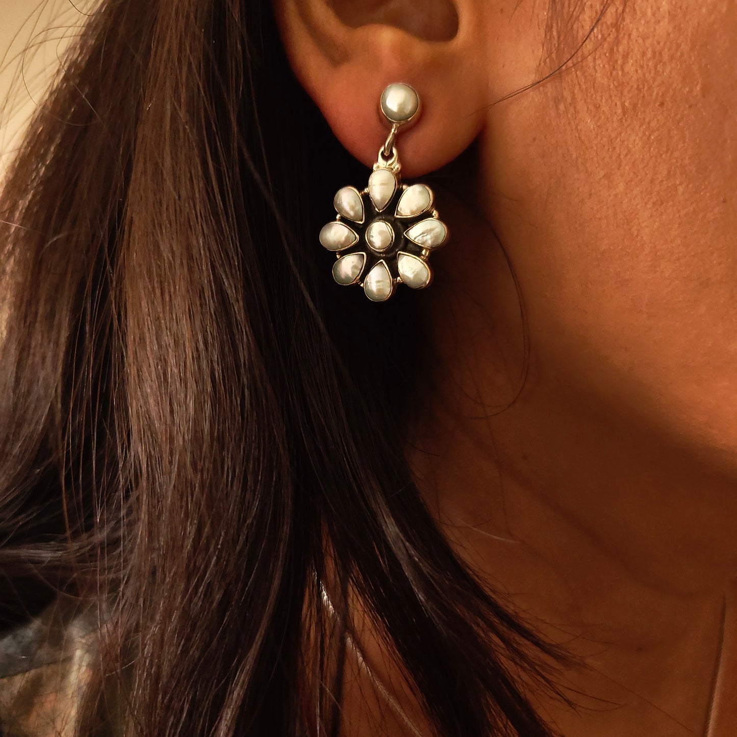 Classic Silver Cut Pearl Floral Stud With Flower Drop