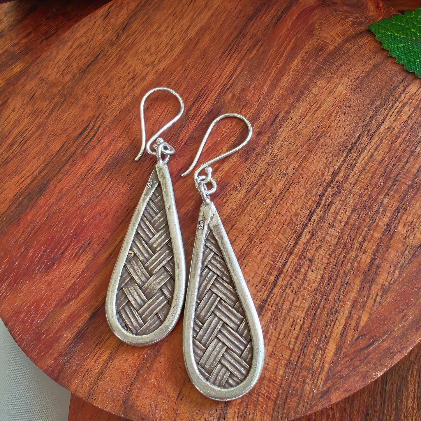 925 Silver Weaving Textured Boho Pear Earrings With Hooks