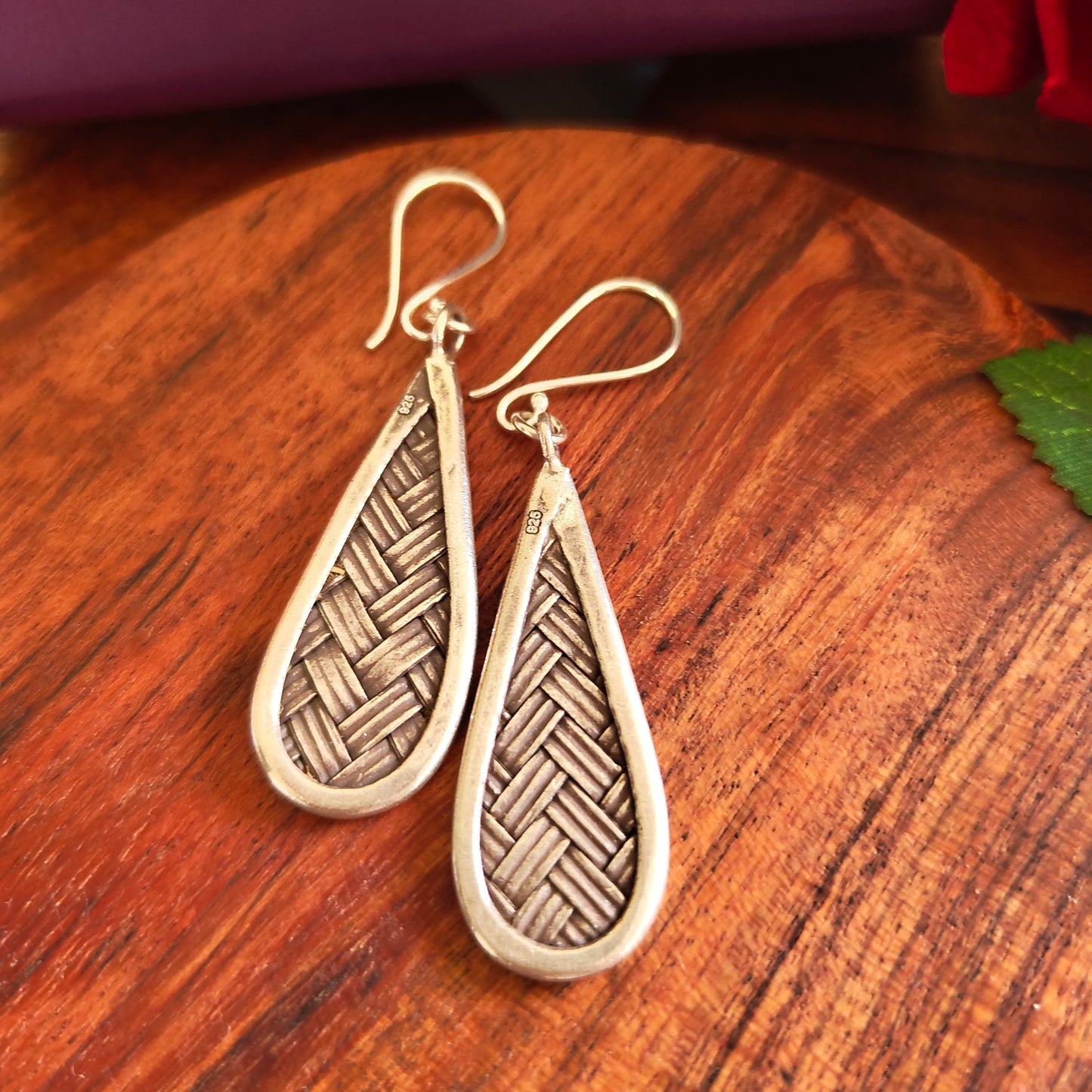 925 Silver Weaving Textured Boho Pear Earrings With Hooks