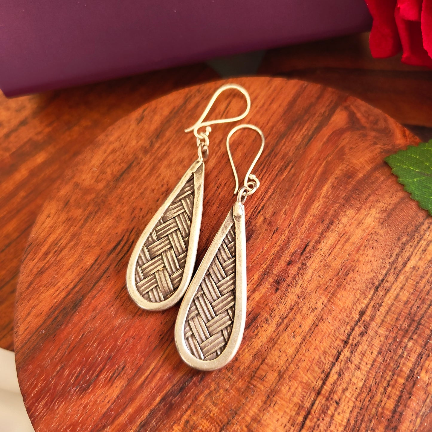 925 Silver Weaving Textured Boho Pear Earrings With Hooks