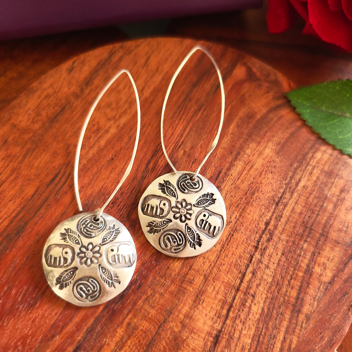 Circular Earring with Elephant, Fish And Floral Motifs With Long Wire Hooks