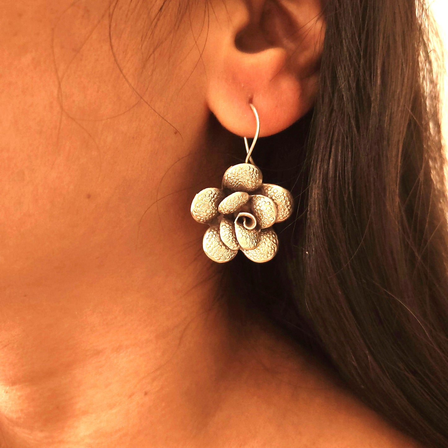 Statement 3D Floral Rose Soft Textured Earring With Hooks