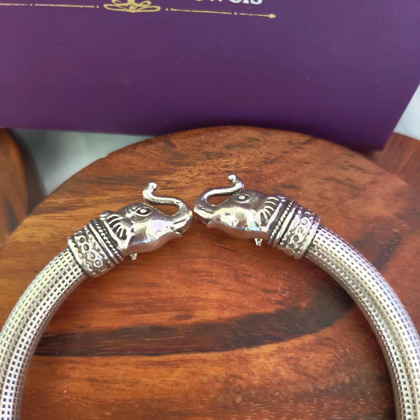 Silver Intricate Textured Elephant Kada Bangle