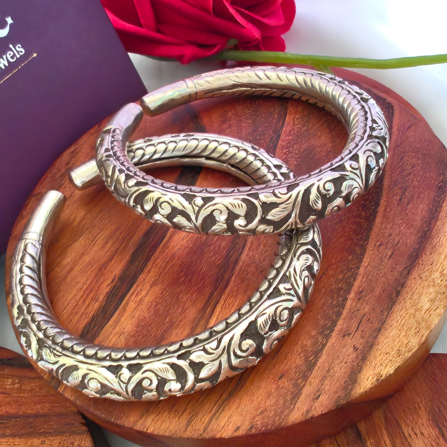 Silver Adjustable Open Classic Floral Chitai Kada Bangle