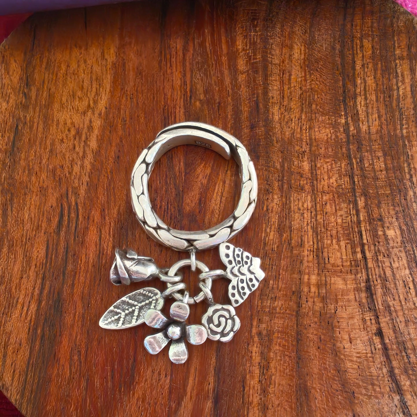 Statement Boho Textured Ring With Charms (v)