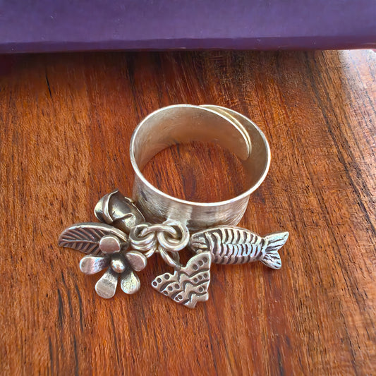 Statement Boho Textured Ring With Charms