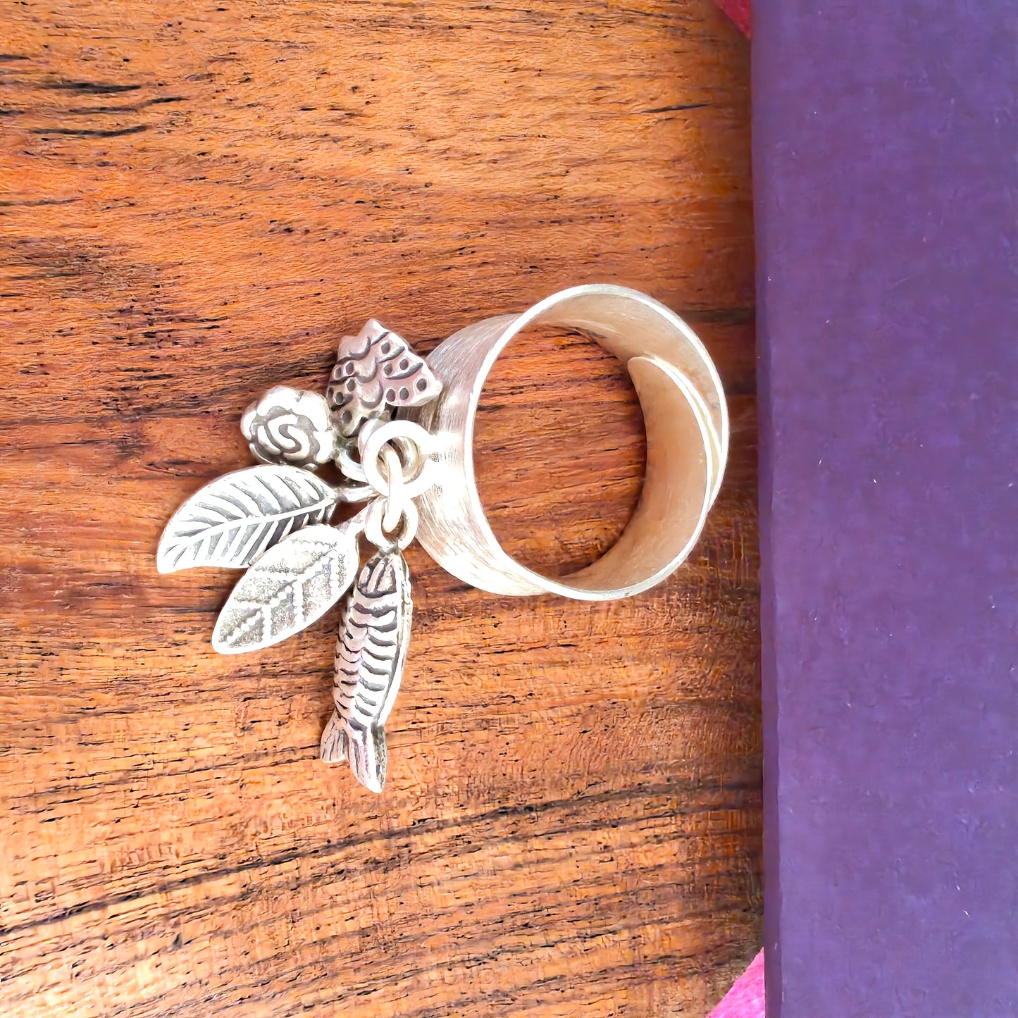 Statement Boho Textured Ring With Charms