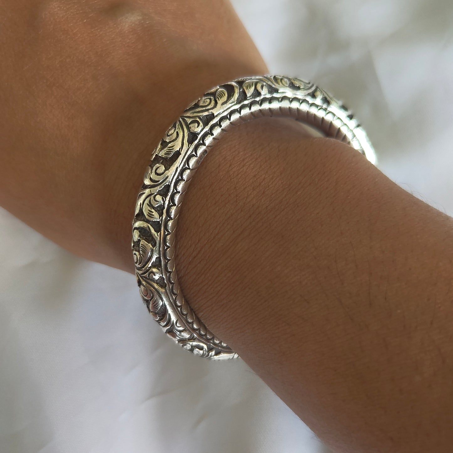 Silver Adjustable Open Classic Floral Chitai Kada Bangle