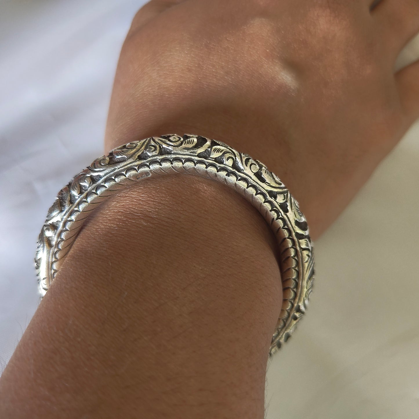 Silver Adjustable Open Classic Floral Chitai Kada Bangle