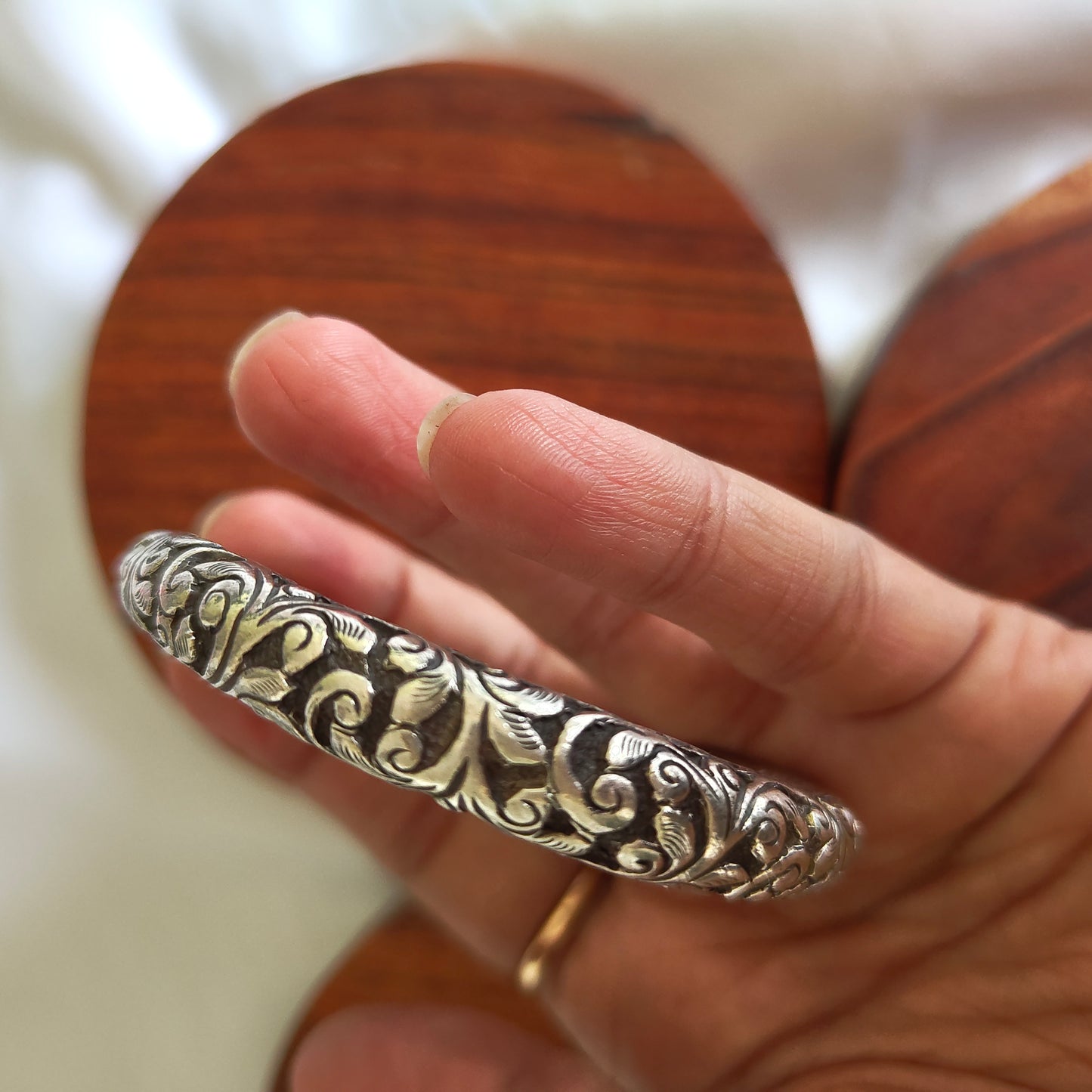 Silver Adjustable Open Classic Floral Chitai Kada Bangle