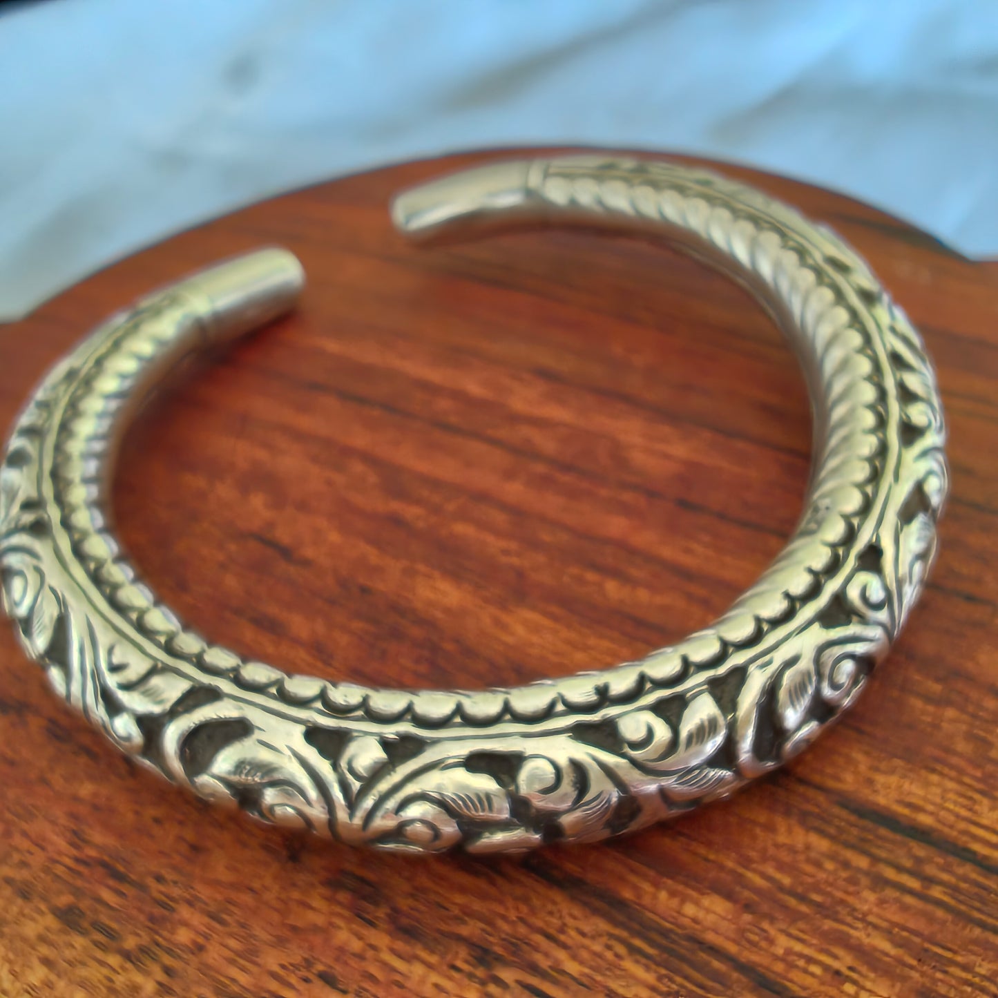 Silver Adjustable Open Classic Floral Chitai Kada Bangle