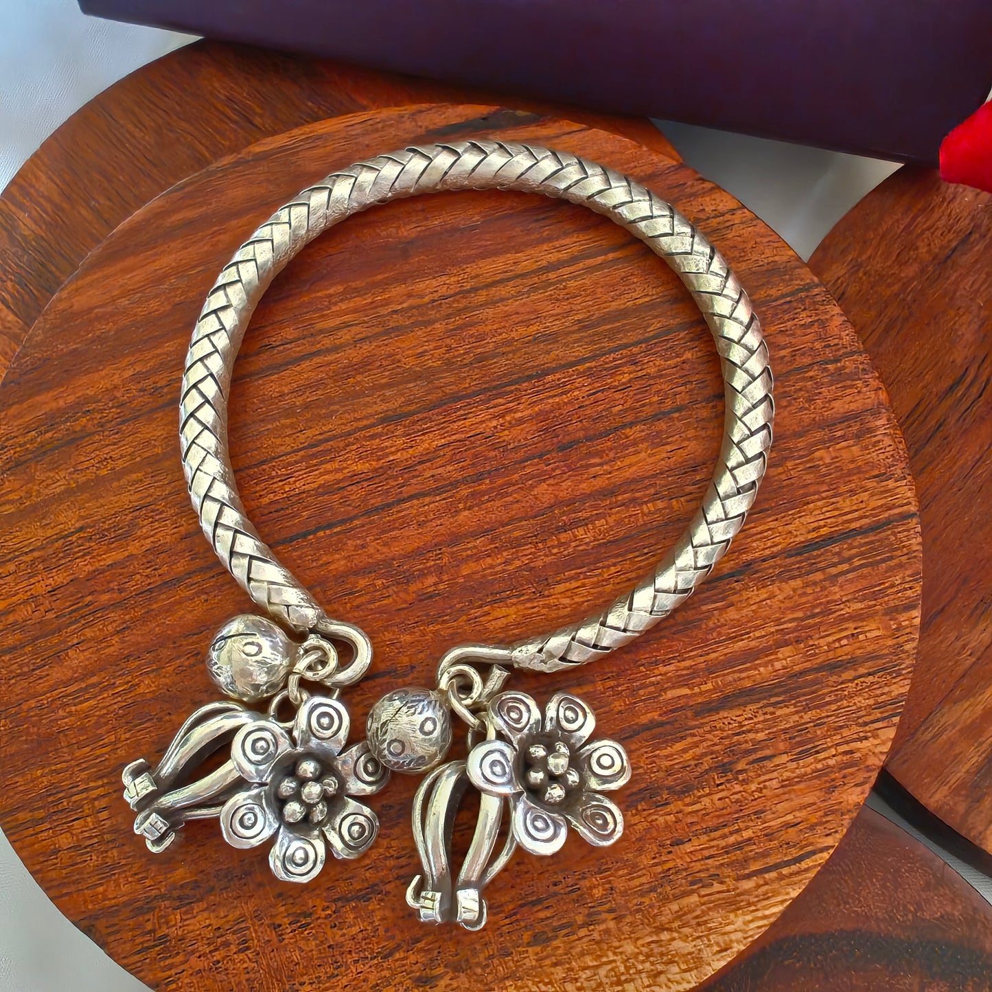 Exclusive Braided Sterling Silver Charms Kada With Bud, Ghungroo And Flowers