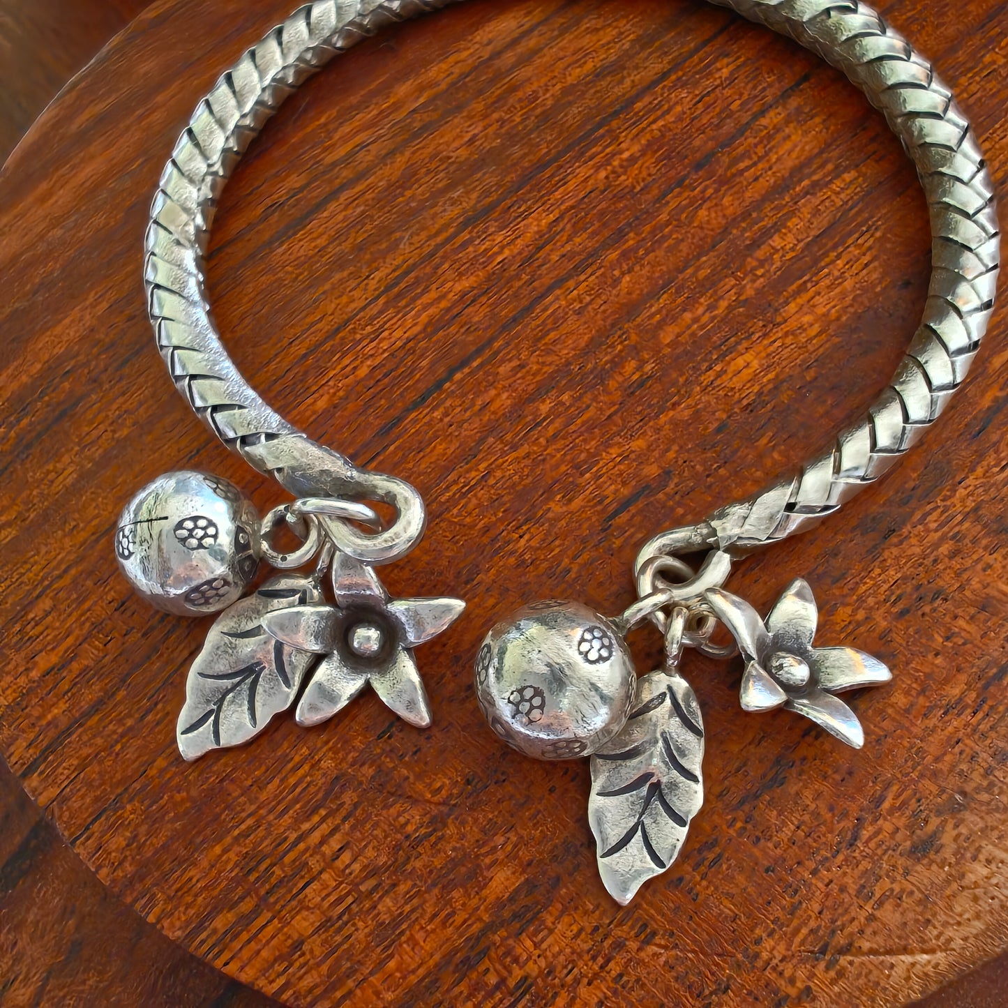 Exclusive Braided Sterling Silver Charms Kada With Leaves, Flowers And Ghungroo