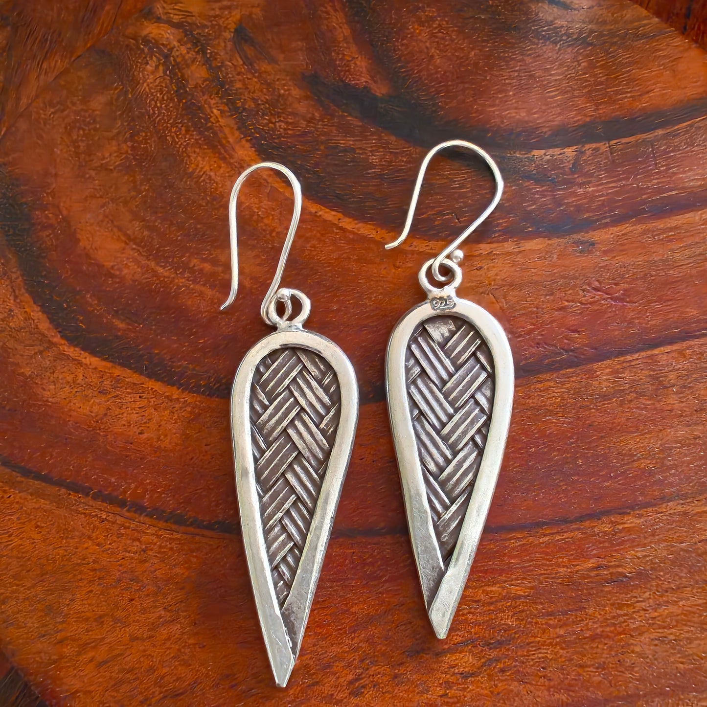 925 Silver Weaving Textured Boho Leaf Earrings With Hooks