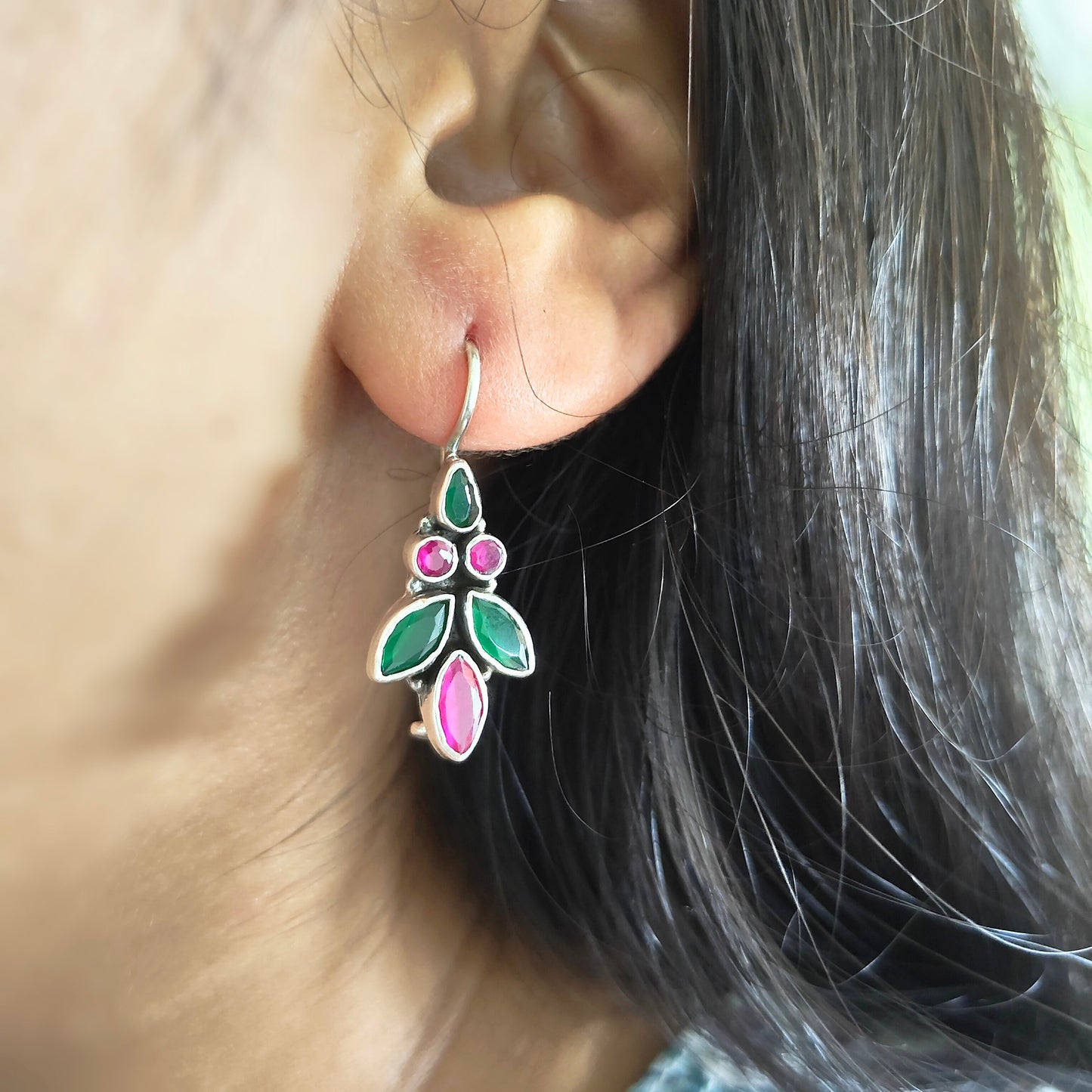 Leaf Pink and Green Stone Hook Earring