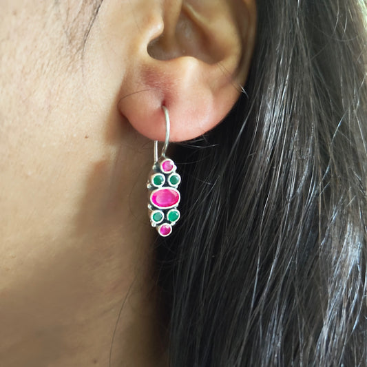 Elegant Circular Pink and Green Stone Hook Earring