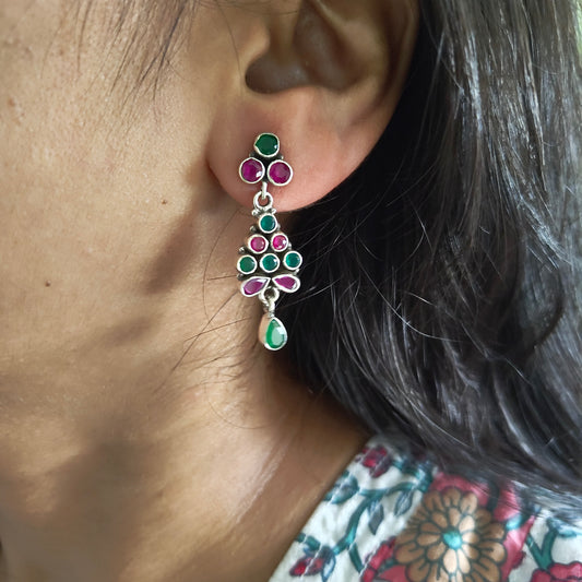 Elegant Circular Pink and Green Stone Earring With Drop , Screw And Post