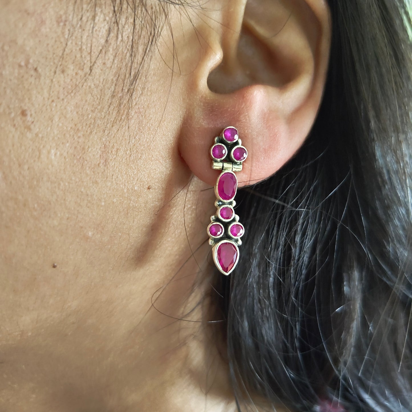 Elegant Circular Pink Stone Earring Long With Screw And Post