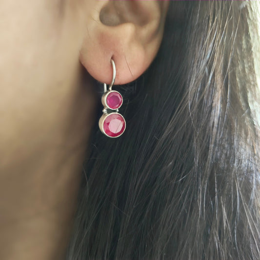 Double Circle Pink Faceted Stone Hook Earring