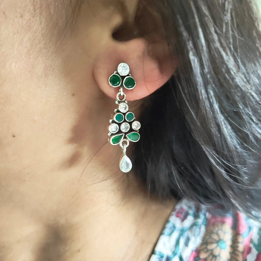 Elegant Circular White and Green Stone Earring With Drop , Screw And Post