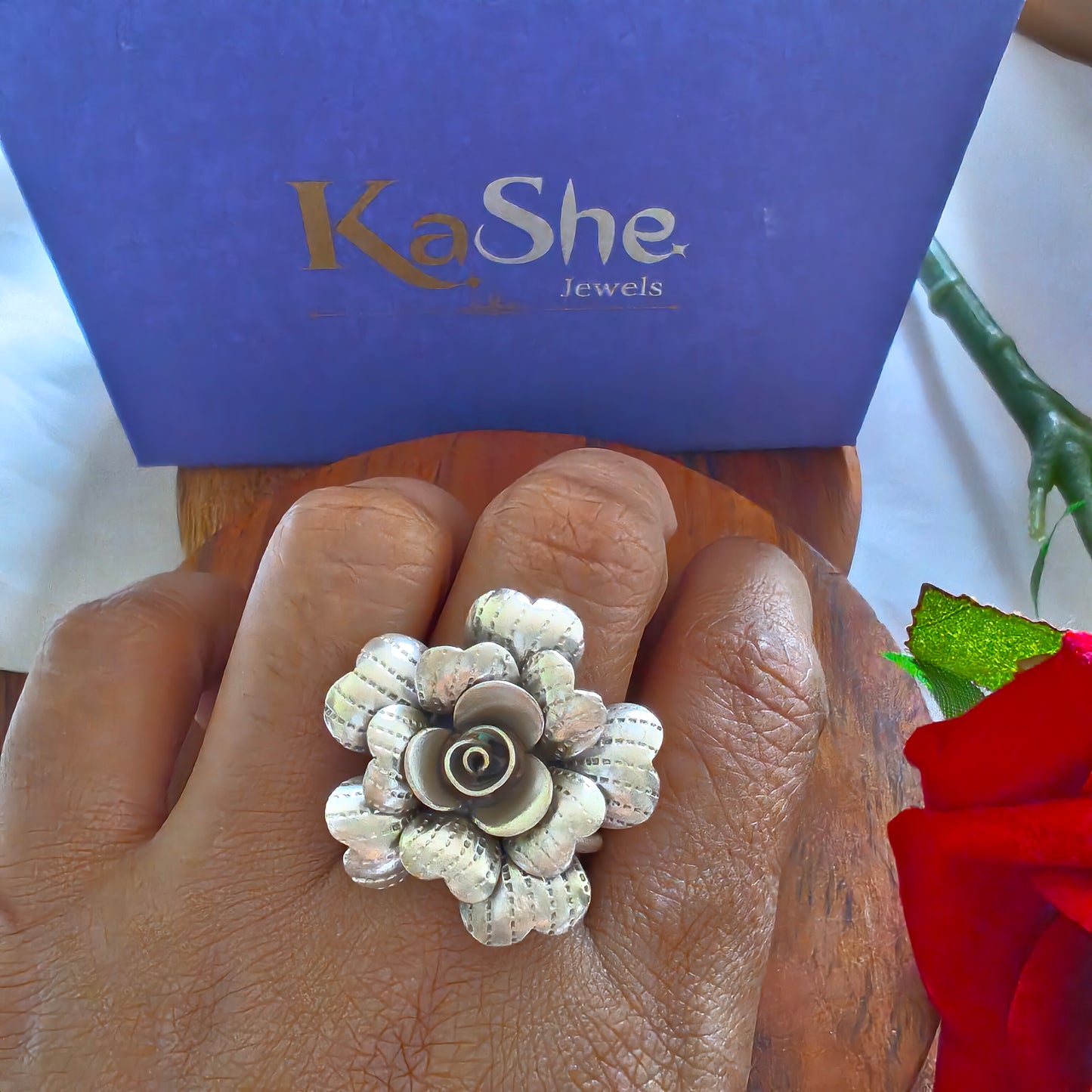 Statement 3D Heart Shaped Textured Floral Ring