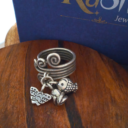 Spiral Boho Textured Ring With Butterfly Fish Rose Charms