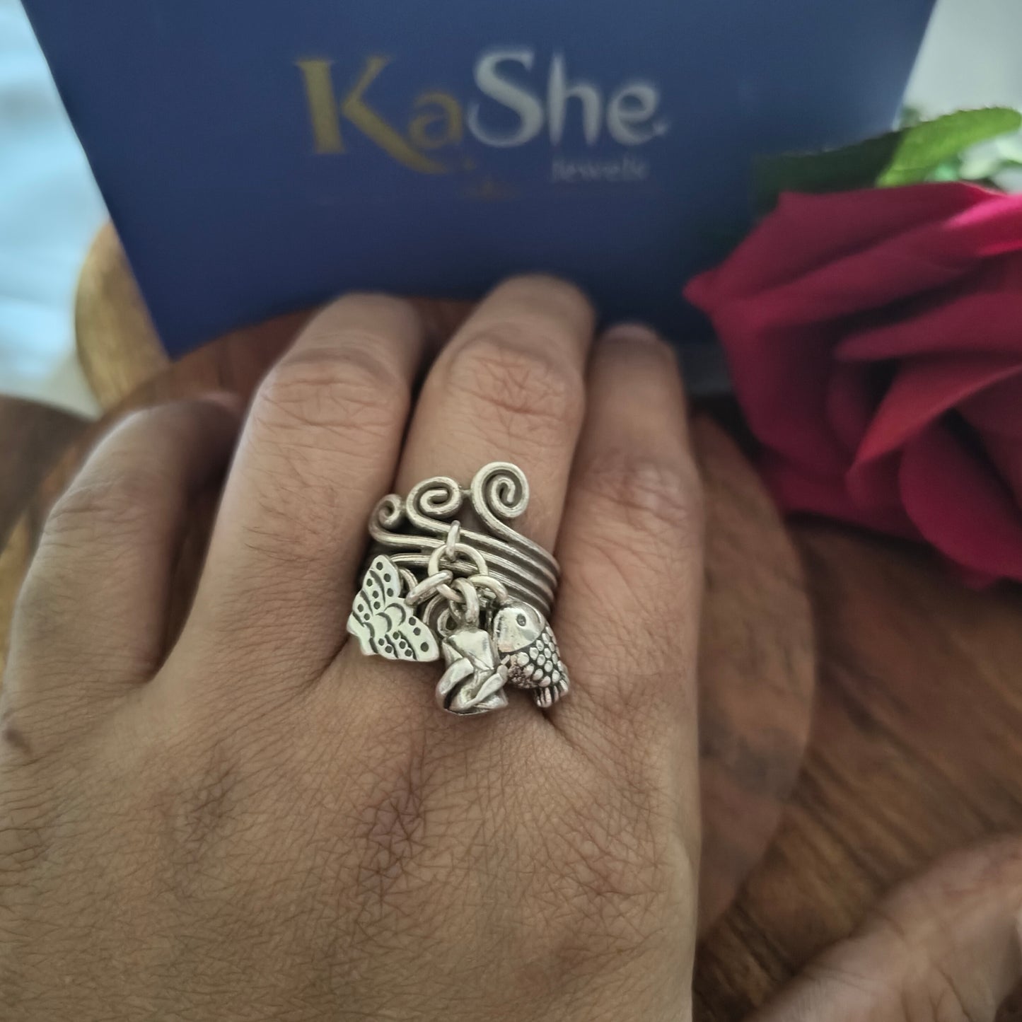 Spiral Boho Textured Ring With Butterfly Fish Rose Charms