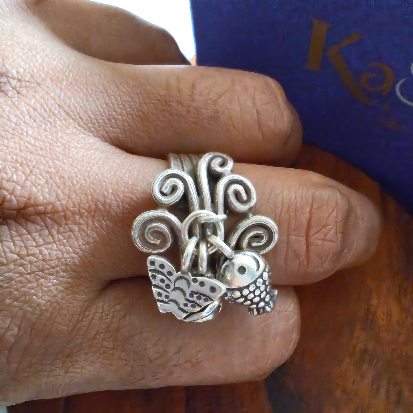 Spiral Boho Textured Ring With Butterfly Fish Rose Charms