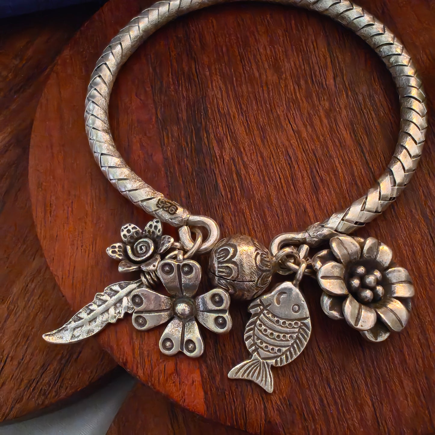 Exclusive Braided Sterling Silver Charms Kada With Fish, Leaf, Bud, Ghungroo And Flowers