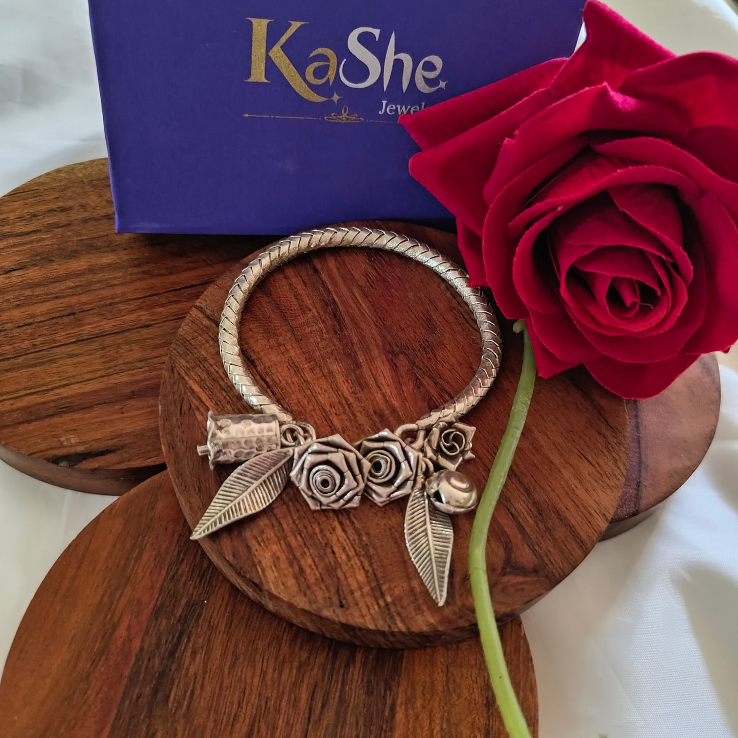 Exclusive Braided Sterling Silver Charms Kada With Rose