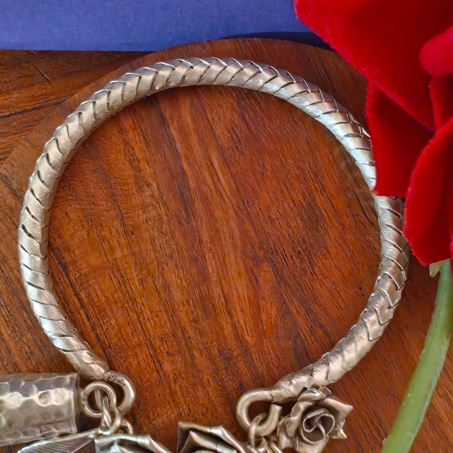 Exclusive Braided Sterling Silver Charms Kada With Rose