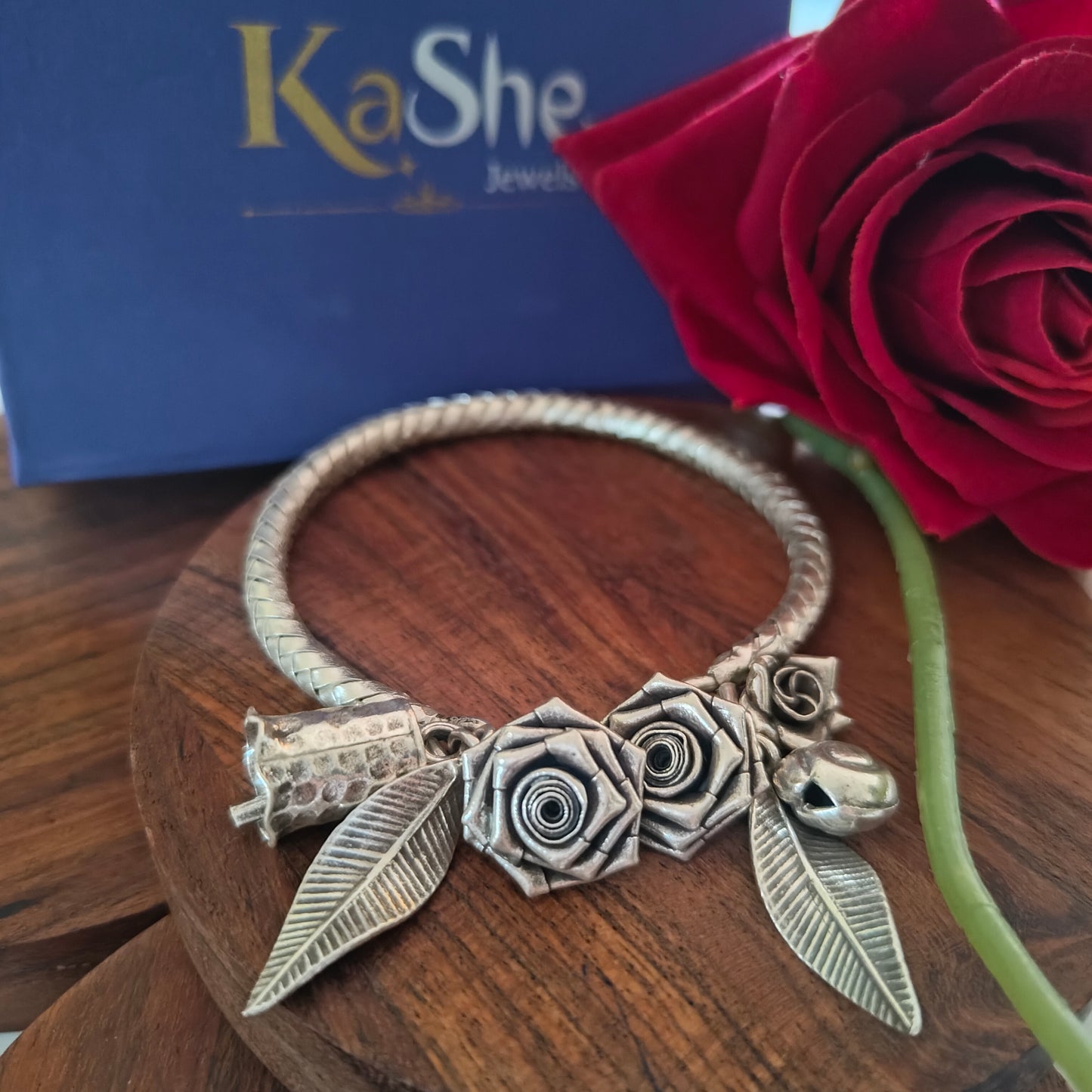 Exclusive Braided Sterling Silver Charms Kada With Rose