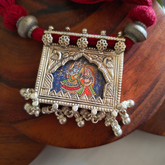 Radha Krishna Hand Painted Jharoka Pendant with Silver Ball Danglers and Maroon Thread Necklace Blue Bg