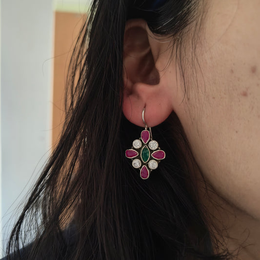 Elegant Circular Pink White and Green Stone Hook Earring