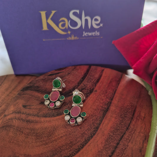 Elegant Half Flower Drop Stud Pink White Green Stone With Screw And Post