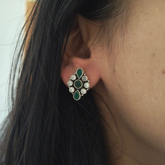 Elegant Flower Stud White Green Stone With Screw And Post