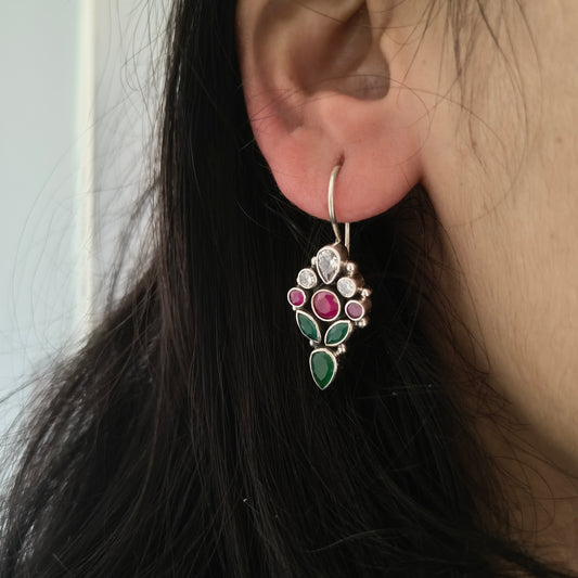 Elegant Circular Pink White and Green Stone Hook Earring With Pear Drop