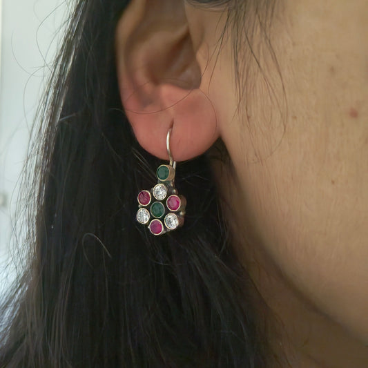 Elegant Circular Pink White and Green Stone Hook Earring